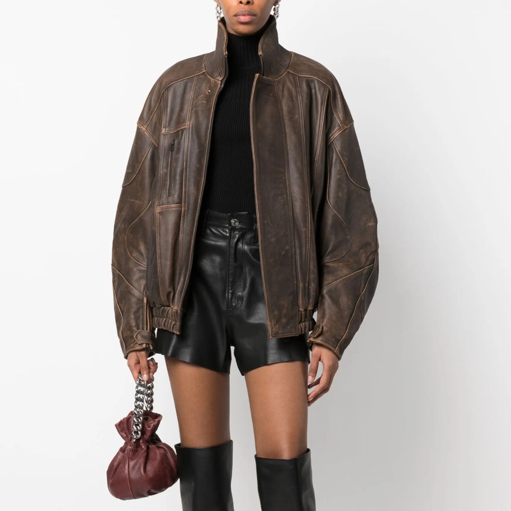 Manokhi High Neck Brown Leather Jacket (brand new)
